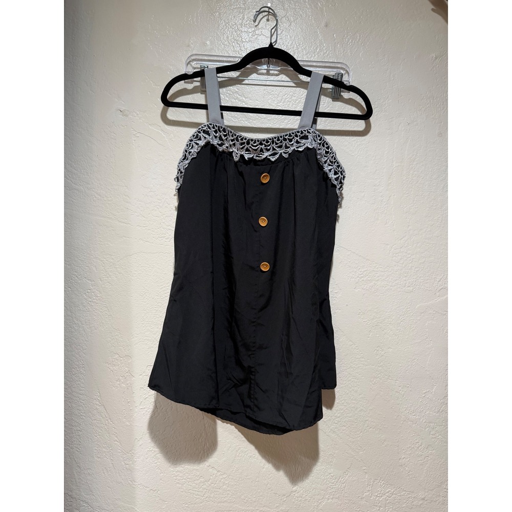 Sheilay Women Black Crochet Lace Trim Cami Top Grey Straps Wood Buttons Size L
